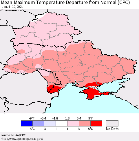 Ukraine, Moldova and Belarus Maximum Temperature Departure From Normal (CPC) Thematic Map For 1/4/2021 - 1/10/2021