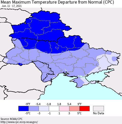 Ukraine, Moldova and Belarus Maximum Temperature Departure From Normal (CPC) Thematic Map For 1/11/2021 - 1/17/2021
