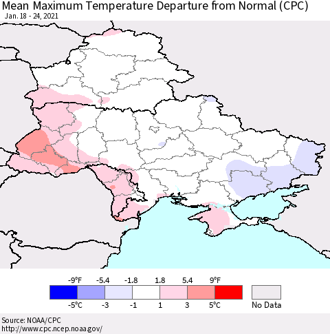 Ukraine, Moldova and Belarus Mean Maximum Temperature Departure from Normal (CPC) Thematic Map For 1/18/2021 - 1/24/2021