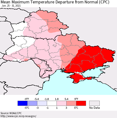 Ukraine, Moldova and Belarus Mean Maximum Temperature Departure from Normal (CPC) Thematic Map For 1/25/2021 - 1/31/2021