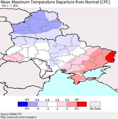 Ukraine, Moldova and Belarus Mean Maximum Temperature Departure from Normal (CPC) Thematic Map For 2/1/2021 - 2/7/2021