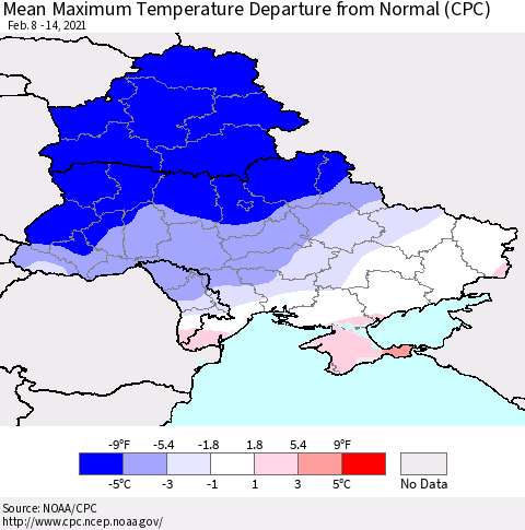 Ukraine, Moldova and Belarus Maximum Temperature Departure From Normal (CPC) Thematic Map For 2/8/2021 - 2/14/2021