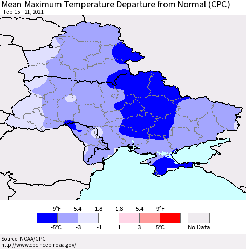 Ukraine, Moldova and Belarus Maximum Temperature Departure From Normal (CPC) Thematic Map For 2/15/2021 - 2/21/2021