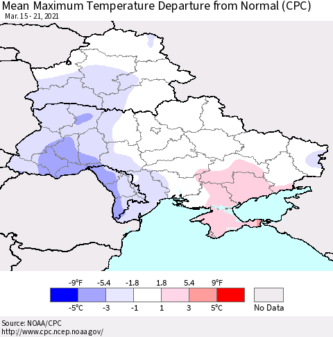 Ukraine, Moldova and Belarus Maximum Temperature Departure From Normal (CPC) Thematic Map For 3/15/2021 - 3/21/2021