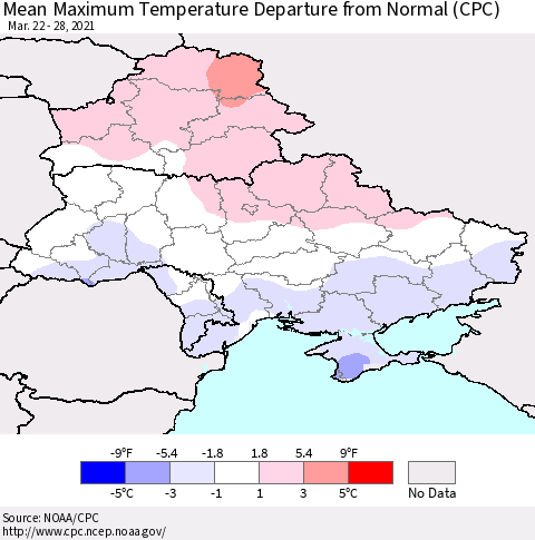 Ukraine, Moldova and Belarus Mean Maximum Temperature Departure from Normal (CPC) Thematic Map For 3/22/2021 - 3/28/2021