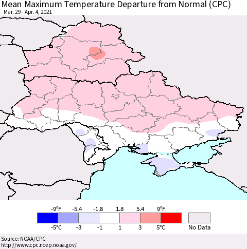 Ukraine, Moldova and Belarus Maximum Temperature Departure From Normal (CPC) Thematic Map For 3/29/2021 - 4/4/2021