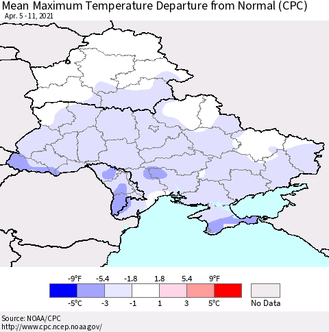 Ukraine, Moldova and Belarus Mean Maximum Temperature Departure from Normal (CPC) Thematic Map For 4/5/2021 - 4/11/2021