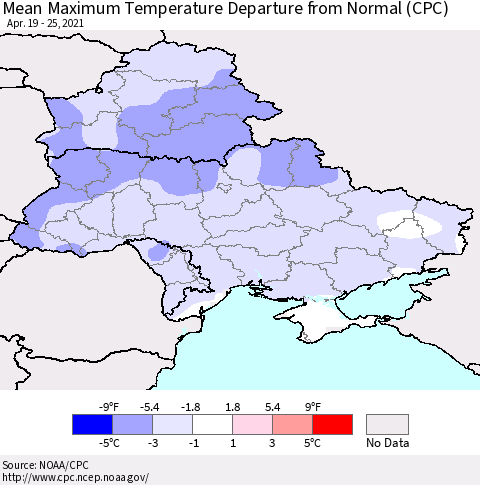 Ukraine, Moldova and Belarus Maximum Temperature Departure From Normal (CPC) Thematic Map For 4/19/2021 - 4/25/2021