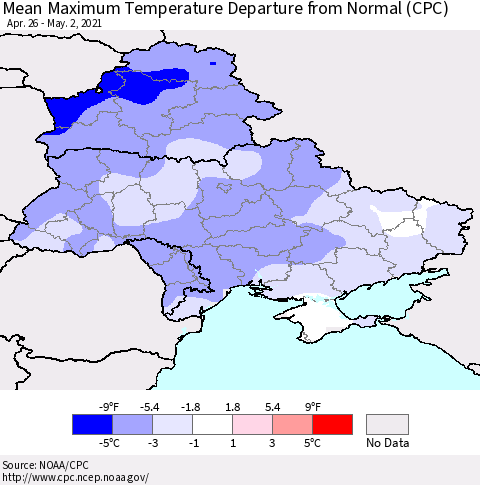 Ukraine, Moldova and Belarus Maximum Temperature Departure From Normal (CPC) Thematic Map For 4/26/2021 - 5/2/2021