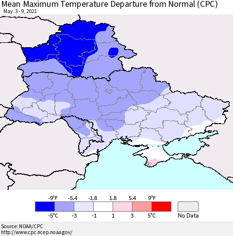 Ukraine, Moldova and Belarus Maximum Temperature Departure From Normal (CPC) Thematic Map For 5/3/2021 - 5/9/2021