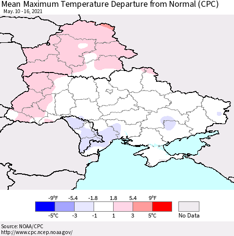 Ukraine, Moldova and Belarus Mean Maximum Temperature Departure from Normal (CPC) Thematic Map For 5/10/2021 - 5/16/2021