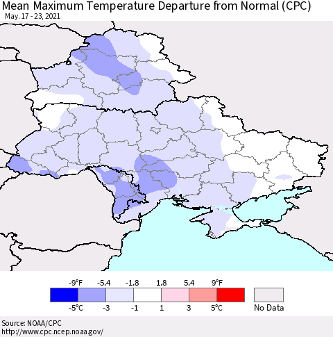 Ukraine, Moldova and Belarus Mean Maximum Temperature Departure from Normal (CPC) Thematic Map For 5/17/2021 - 5/23/2021