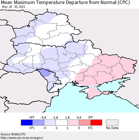 Ukraine, Moldova and Belarus Maximum Temperature Departure From Normal (CPC) Thematic Map For 5/24/2021 - 5/30/2021