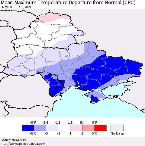 Ukraine, Moldova and Belarus Mean Maximum Temperature Departure from Normal (CPC) Thematic Map For 5/31/2021 - 6/6/2021