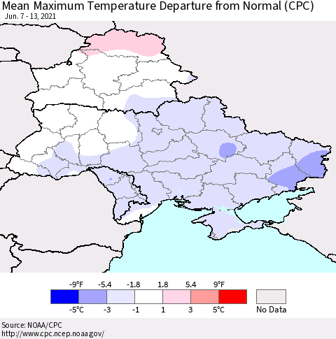 Ukraine, Moldova and Belarus Mean Maximum Temperature Departure from Normal (CPC) Thematic Map For 6/7/2021 - 6/13/2021
