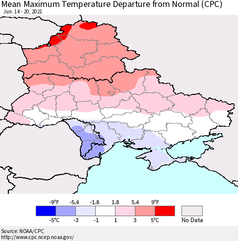Ukraine, Moldova and Belarus Mean Maximum Temperature Departure from Normal (CPC) Thematic Map For 6/14/2021 - 6/20/2021