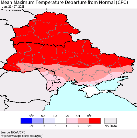 Ukraine, Moldova and Belarus Maximum Temperature Departure From Normal (CPC) Thematic Map For 6/21/2021 - 6/27/2021
