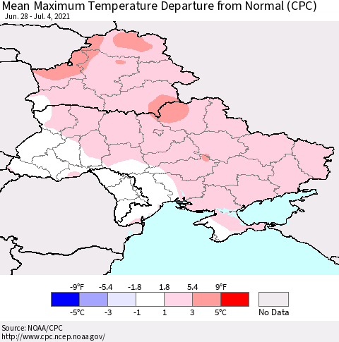 Ukraine, Moldova and Belarus Mean Maximum Temperature Departure from Normal (CPC) Thematic Map For 6/28/2021 - 7/4/2021