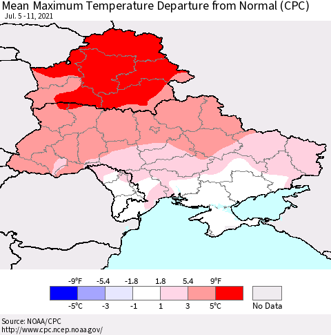 Ukraine, Moldova and Belarus Mean Maximum Temperature Departure from Normal (CPC) Thematic Map For 7/5/2021 - 7/11/2021
