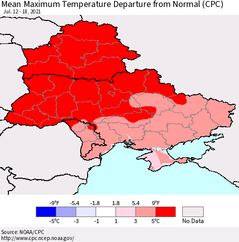 Ukraine, Moldova and Belarus Maximum Temperature Departure From Normal (CPC) Thematic Map For 7/12/2021 - 7/18/2021