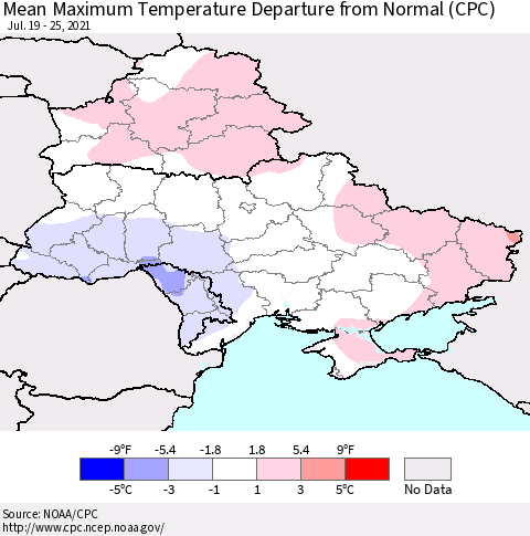 Ukraine, Moldova and Belarus Mean Maximum Temperature Departure from Normal (CPC) Thematic Map For 7/19/2021 - 7/25/2021