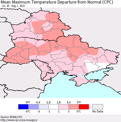 Ukraine, Moldova and Belarus Mean Maximum Temperature Departure from Normal (CPC) Thematic Map For 7/26/2021 - 8/1/2021