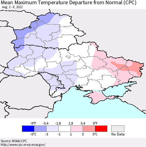 Ukraine, Moldova and Belarus Maximum Temperature Departure From Normal (CPC) Thematic Map For 8/2/2021 - 8/8/2021