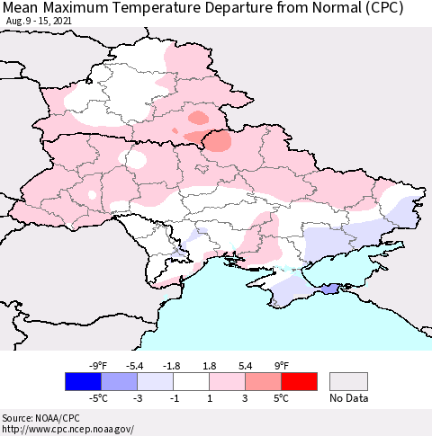 Ukraine, Moldova and Belarus Mean Maximum Temperature Departure from Normal (CPC) Thematic Map For 8/9/2021 - 8/15/2021