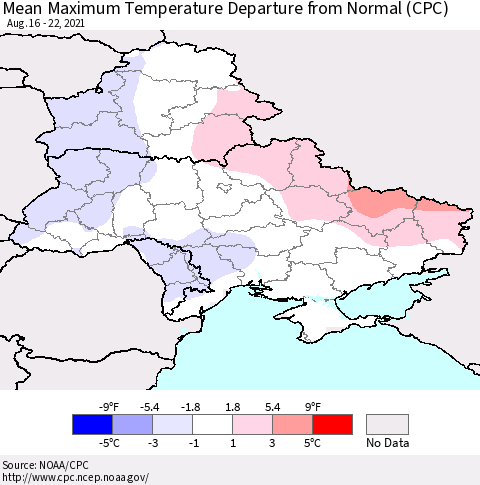 Ukraine, Moldova and Belarus Mean Maximum Temperature Departure from Normal (CPC) Thematic Map For 8/16/2021 - 8/22/2021