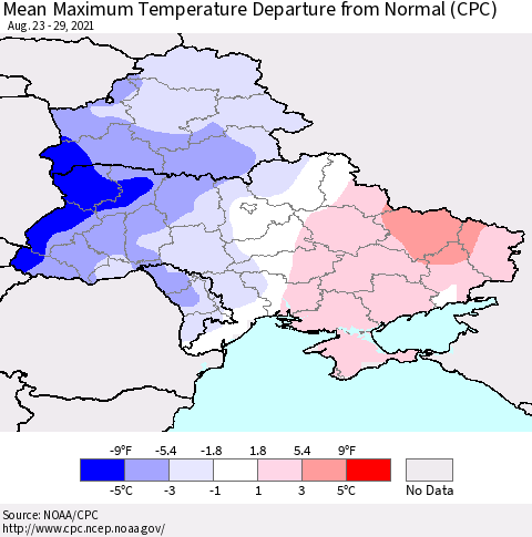 Ukraine, Moldova and Belarus Mean Maximum Temperature Departure from Normal (CPC) Thematic Map For 8/23/2021 - 8/29/2021