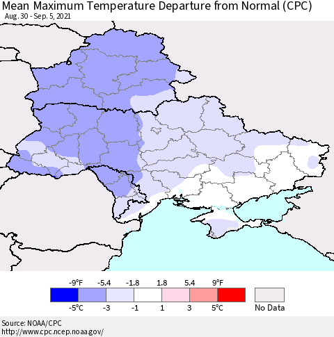 Ukraine, Moldova and Belarus Mean Maximum Temperature Departure from Normal (CPC) Thematic Map For 8/30/2021 - 9/5/2021