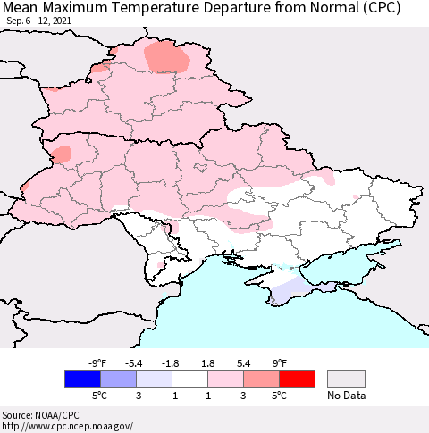 Ukraine, Moldova and Belarus Maximum Temperature Departure From Normal (CPC) Thematic Map For 9/6/2021 - 9/12/2021