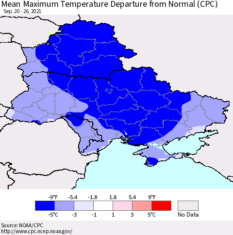 Ukraine, Moldova and Belarus Maximum Temperature Departure From Normal (CPC) Thematic Map For 9/20/2021 - 9/26/2021