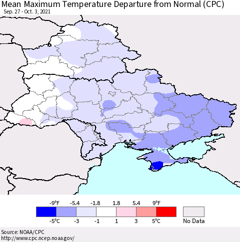 Ukraine, Moldova and Belarus Mean Maximum Temperature Departure from Normal (CPC) Thematic Map For 9/27/2021 - 10/3/2021