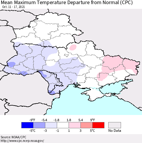 Ukraine, Moldova and Belarus Maximum Temperature Departure From Normal (CPC) Thematic Map For 10/11/2021 - 10/17/2021