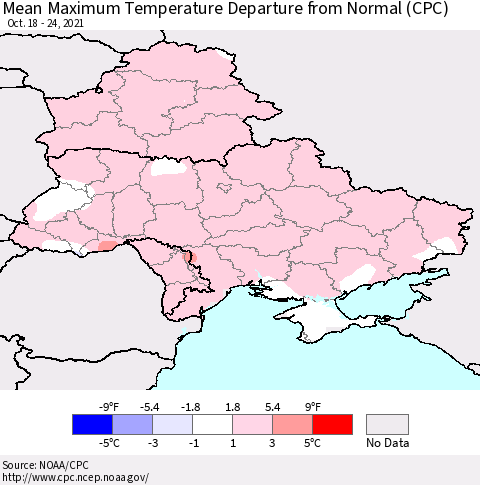 Ukraine, Moldova and Belarus Maximum Temperature Departure From Normal (CPC) Thematic Map For 10/18/2021 - 10/24/2021