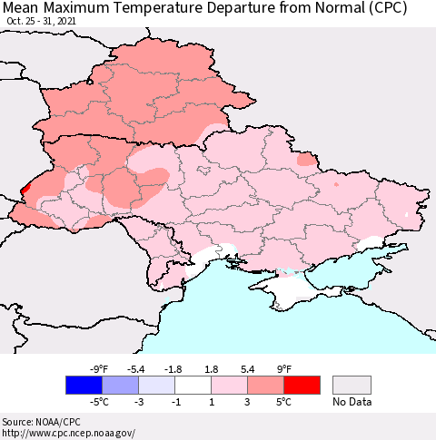 Ukraine, Moldova and Belarus Maximum Temperature Departure From Normal (CPC) Thematic Map For 10/25/2021 - 10/31/2021