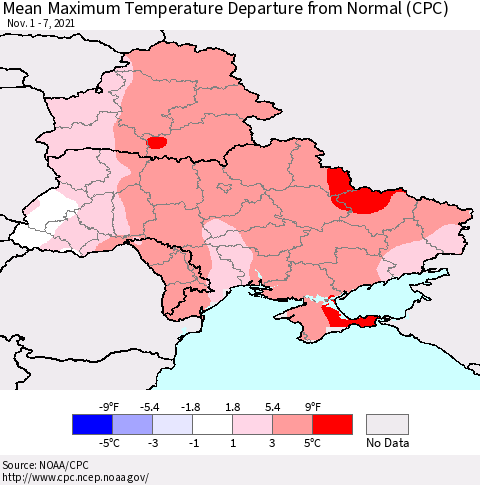 Ukraine, Moldova and Belarus Mean Maximum Temperature Departure from Normal (CPC) Thematic Map For 11/1/2021 - 11/7/2021