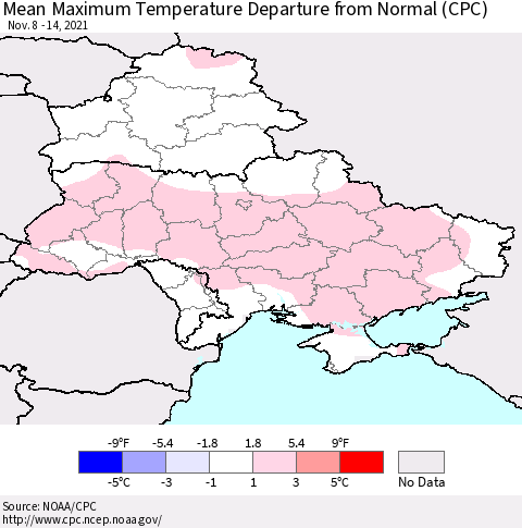 Ukraine, Moldova and Belarus Mean Maximum Temperature Departure from Normal (CPC) Thematic Map For 11/8/2021 - 11/14/2021