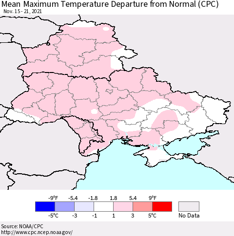 Ukraine, Moldova and Belarus Maximum Temperature Departure From Normal (CPC) Thematic Map For 11/15/2021 - 11/21/2021
