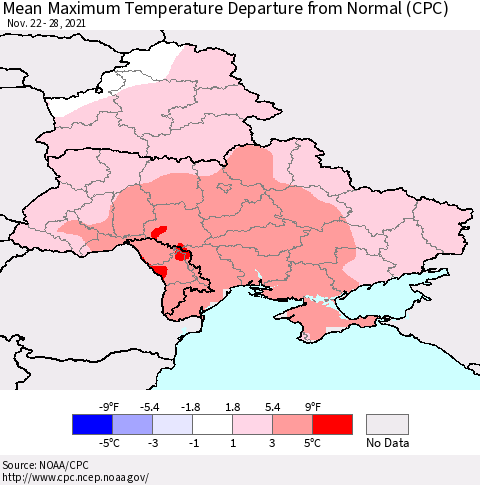 Ukraine, Moldova and Belarus Mean Maximum Temperature Departure from Normal (CPC) Thematic Map For 11/22/2021 - 11/28/2021