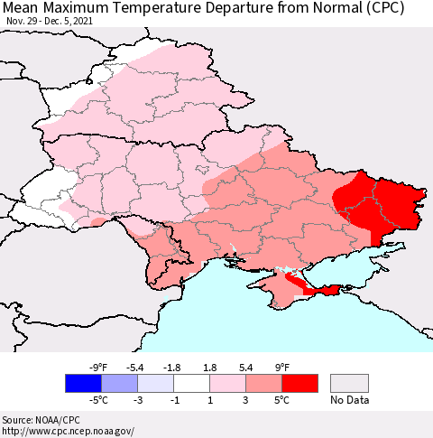Ukraine, Moldova and Belarus Maximum Temperature Departure From Normal (CPC) Thematic Map For 11/29/2021 - 12/5/2021