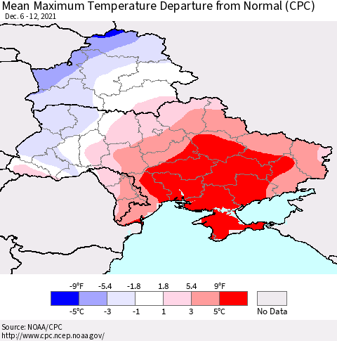 Ukraine, Moldova and Belarus Mean Maximum Temperature Departure from Normal (CPC) Thematic Map For 12/6/2021 - 12/12/2021