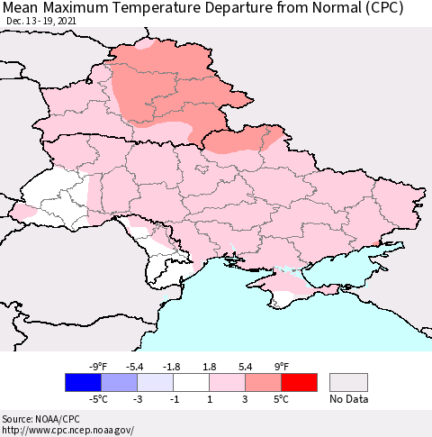 Ukraine, Moldova and Belarus Mean Maximum Temperature Departure from Normal (CPC) Thematic Map For 12/13/2021 - 12/19/2021