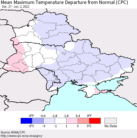 Ukraine, Moldova and Belarus Mean Maximum Temperature Departure from Normal (CPC) Thematic Map For 12/27/2021 - 1/2/2022