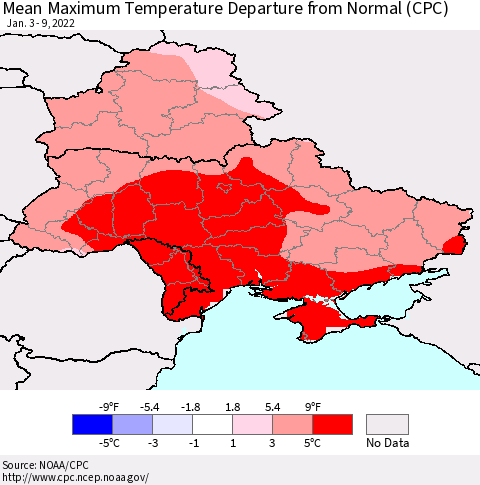 Ukraine, Moldova and Belarus Mean Maximum Temperature Departure from Normal (CPC) Thematic Map For 1/3/2022 - 1/9/2022