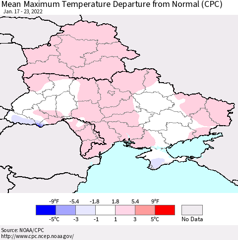 Ukraine, Moldova and Belarus Mean Maximum Temperature Departure from Normal (CPC) Thematic Map For 1/17/2022 - 1/23/2022