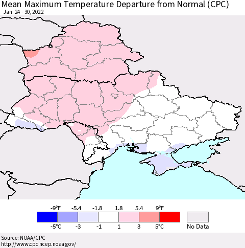 Ukraine, Moldova and Belarus Mean Maximum Temperature Departure from Normal (CPC) Thematic Map For 1/24/2022 - 1/30/2022