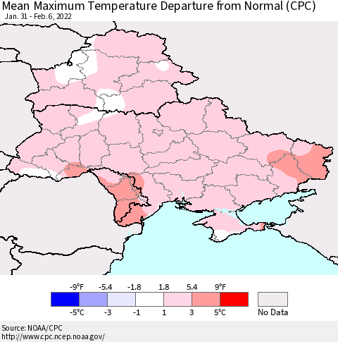 Ukraine, Moldova and Belarus Mean Maximum Temperature Departure from Normal (CPC) Thematic Map For 1/31/2022 - 2/6/2022