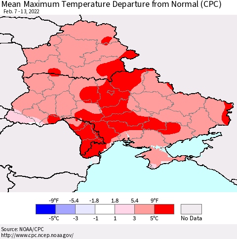 Ukraine, Moldova and Belarus Mean Maximum Temperature Departure from Normal (CPC) Thematic Map For 2/7/2022 - 2/13/2022